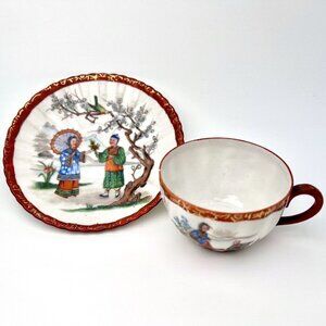 Antique Japanese Kutani Porcelain Teacup & Saucer Set Hand-Painted